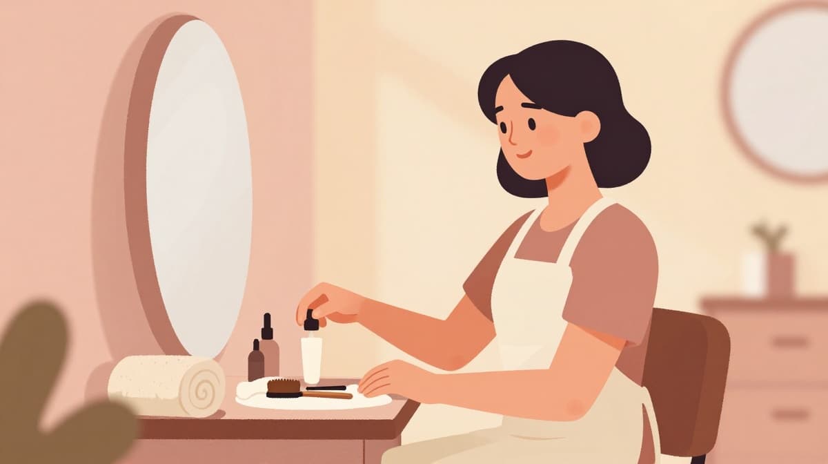 Illustration of a person doing a home beauty treatment at a vanity with towel and brushes