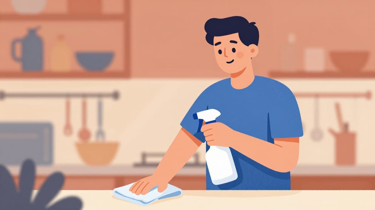 Illustration of a person in a blue t-shirt cleaning a tidy Irish kitchen with a spray bottle and cloth