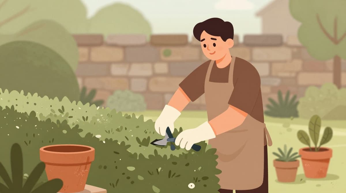 Illustration of a person in apron and gloves trimming a hedge in an Irish back garden