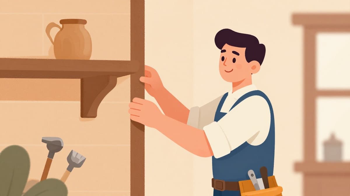 Illustration of a handyman in a tool belt fixing a shelf in an Irish home
