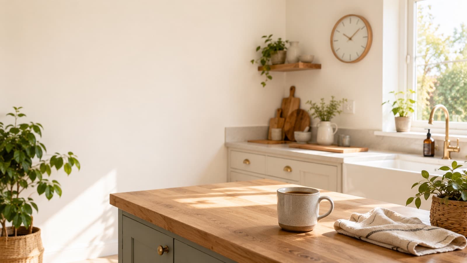 A calm, sunlit kitchen with a wall clock