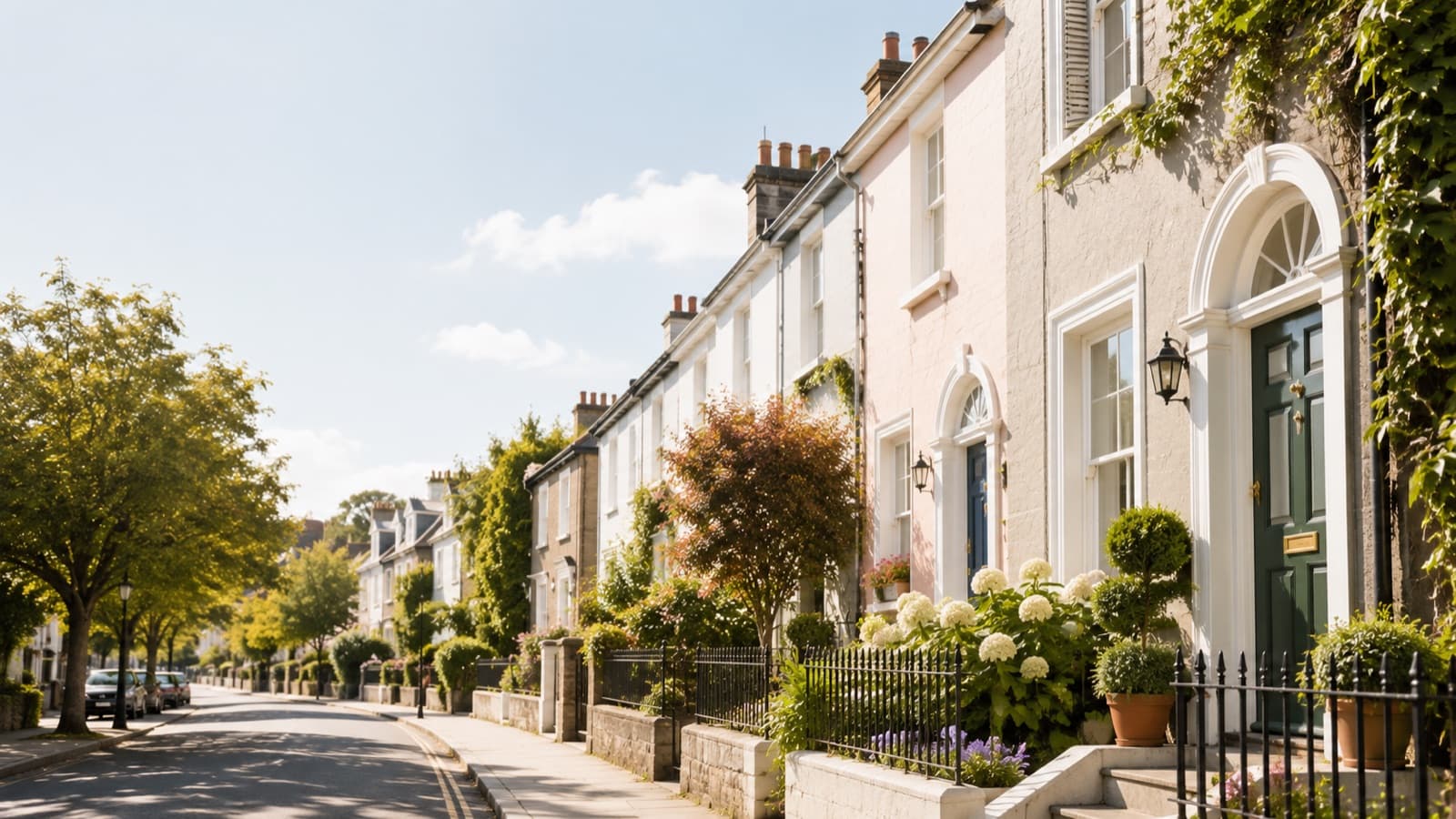 A sunny residential street of Irish townhouses