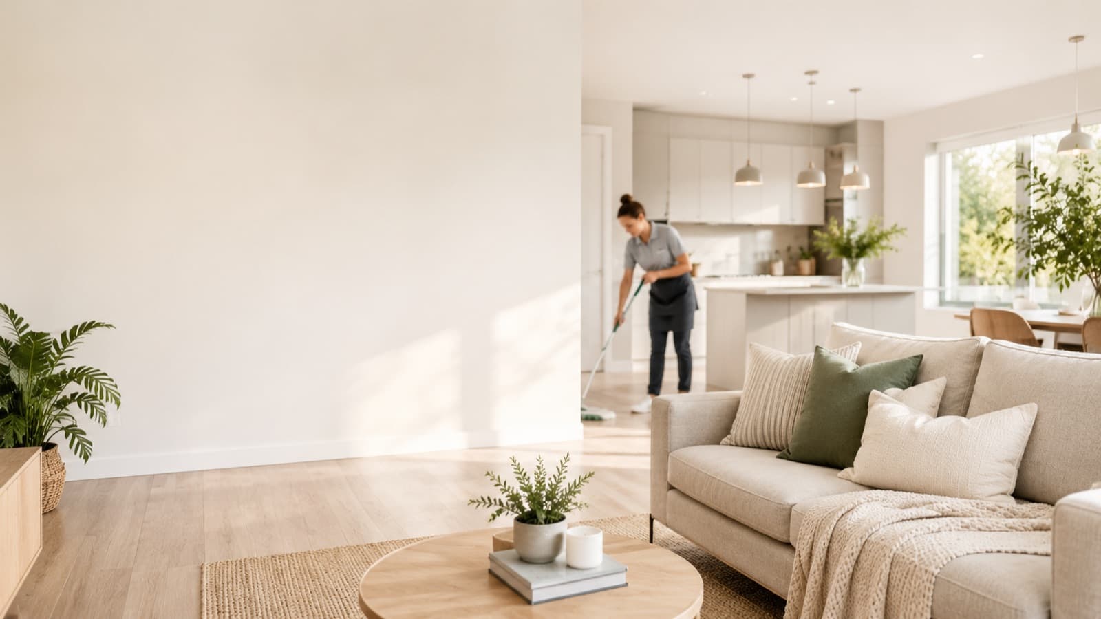 A person tidying a bright, airy living room