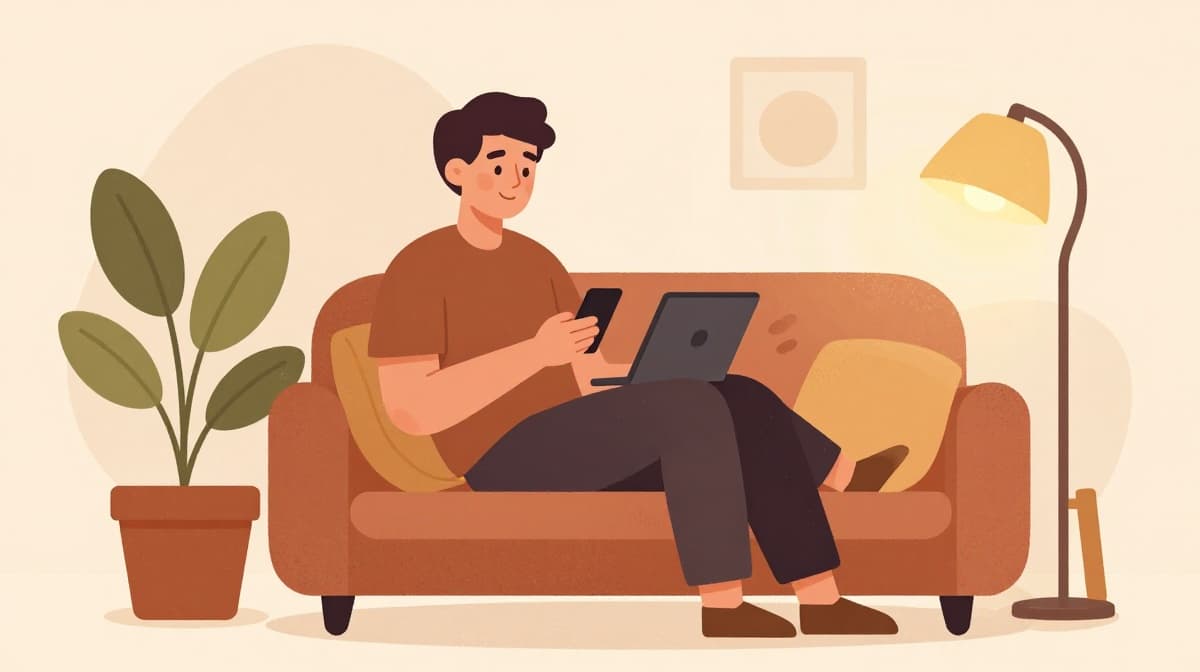 Illustration of a person on a sofa choosing a service on their phone