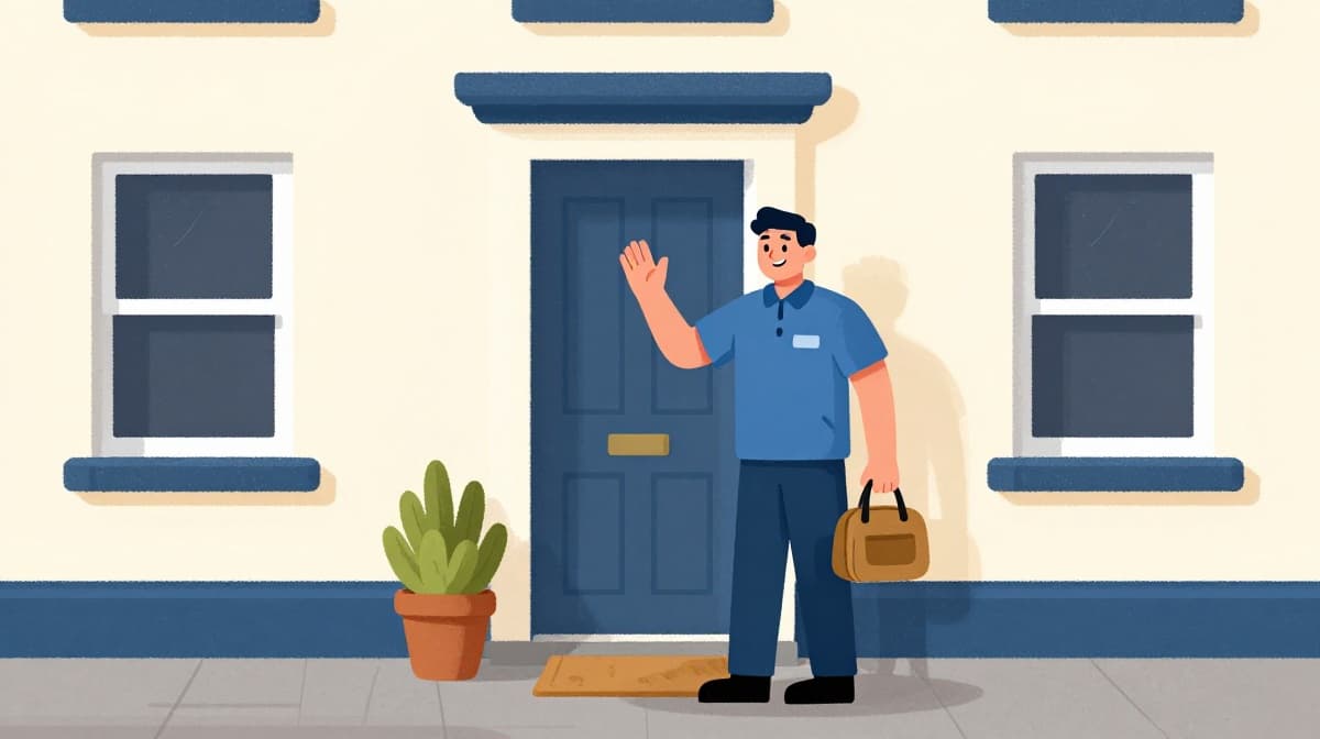 Illustration of a friendly service partner with a kit bag arriving at an Irish front door