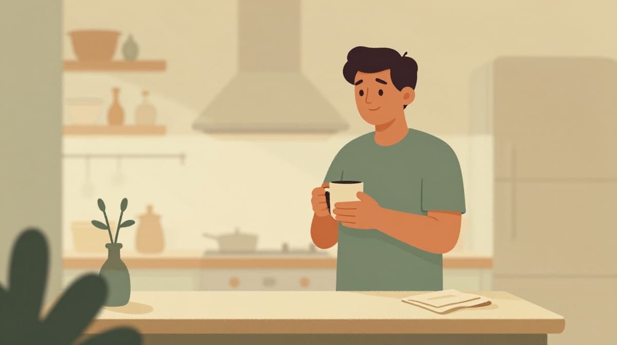 Illustration of a contented person in a freshly tidied Irish kitchen